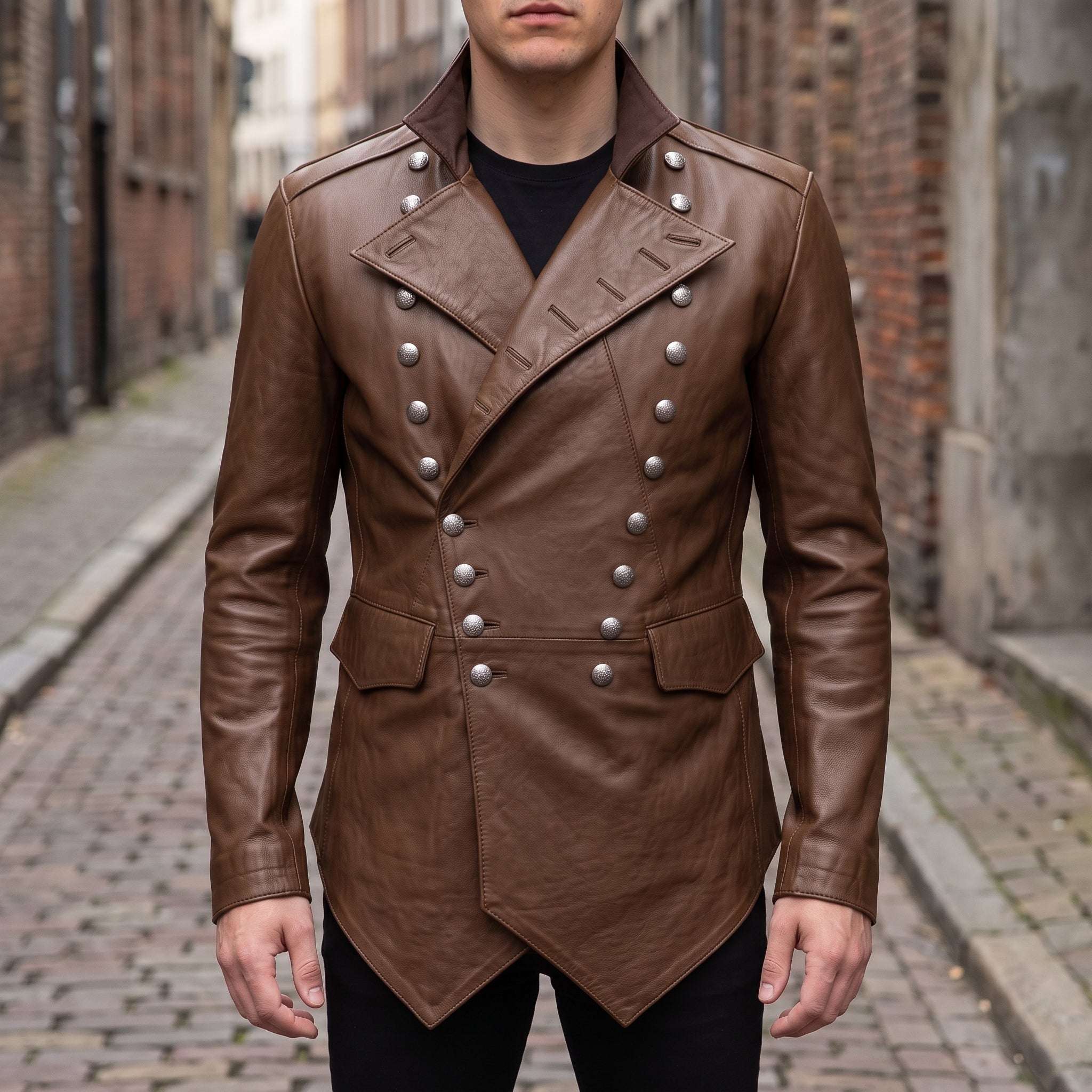Men's Brown Double-Breasted Leather Military Jacket — Bilney