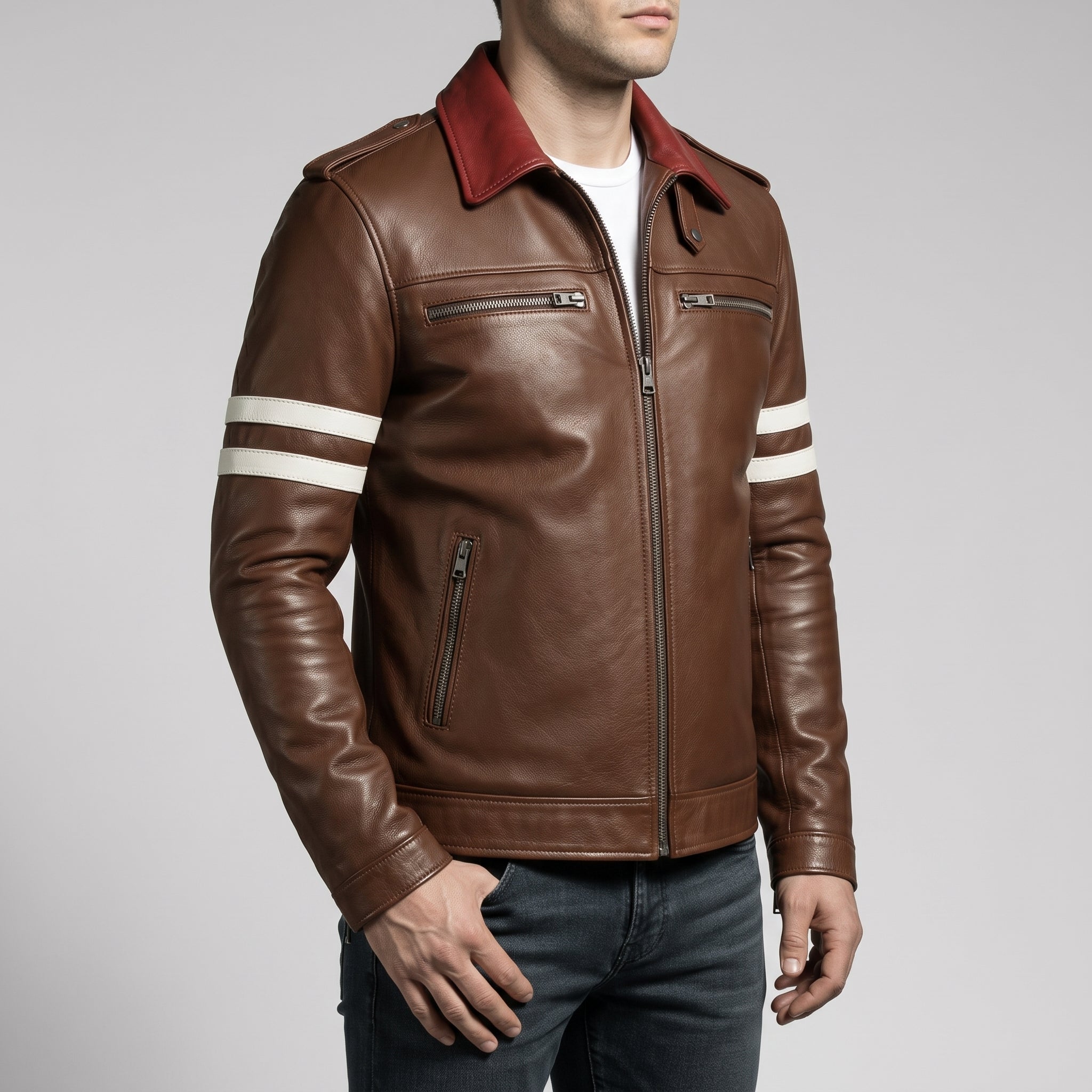 Men's Brown Leather Single Rider Biker Jacket — Critchley