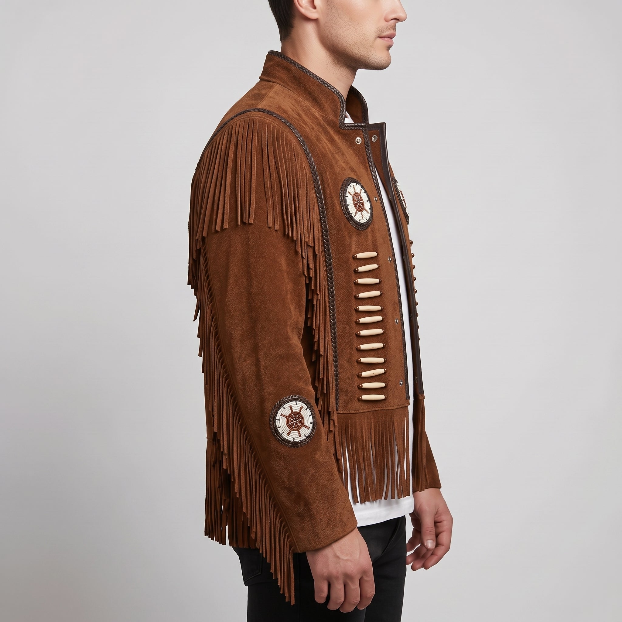 Men's Brown Fringe Beaded Suede Jacket — Cottrell