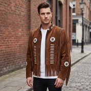 Men's Brown Fringe Beaded Suede Jacket — Cottrell