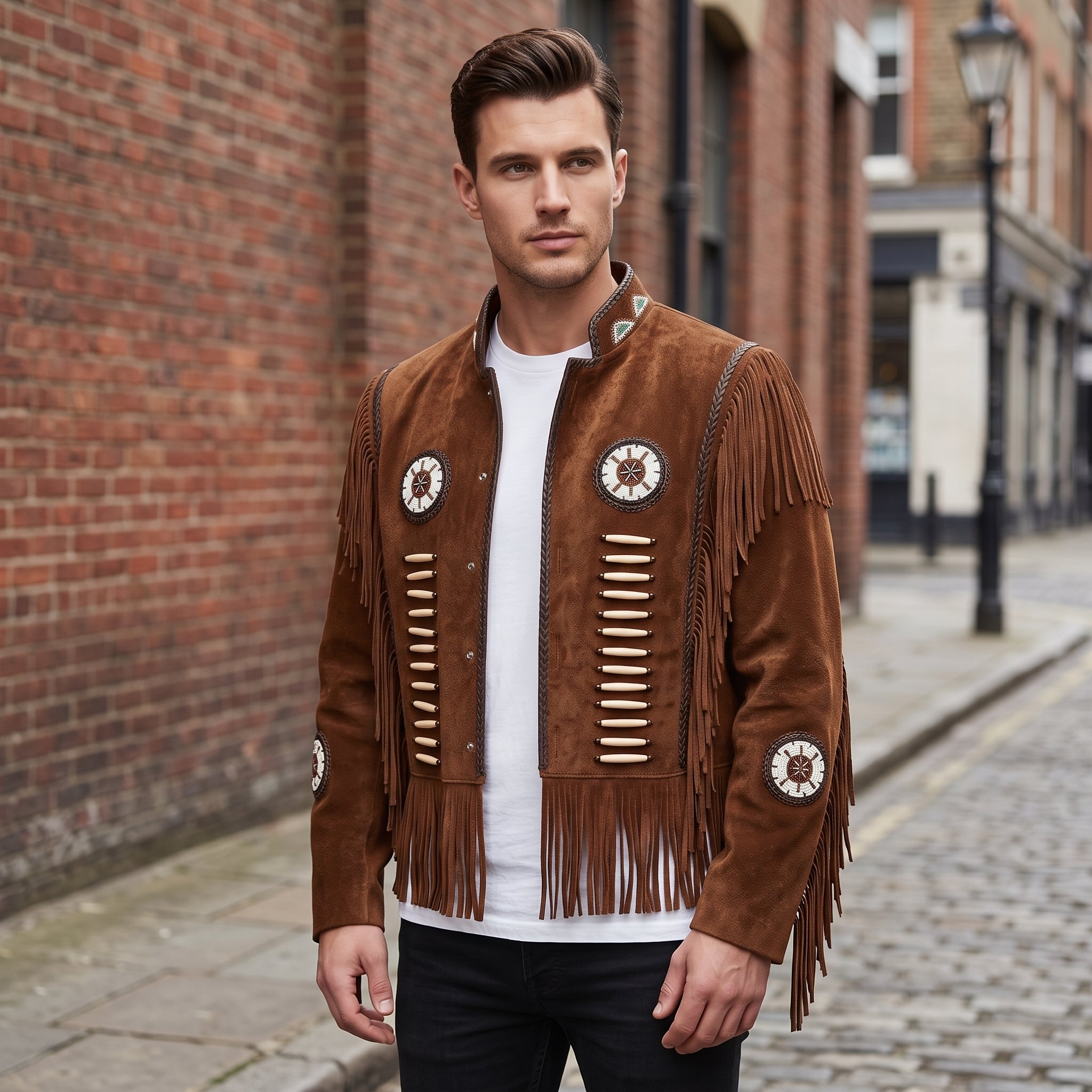 Men's Brown Fringe Beaded Suede Jacket — Cottrell