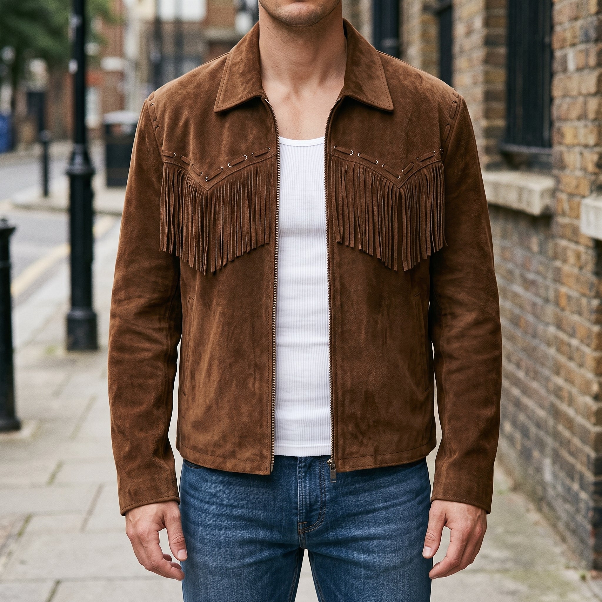 Men's Brown Fringe Suede Western Jacket — Lytton