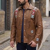 Men's Brown Fringed Leather Western Jacket — Hanford