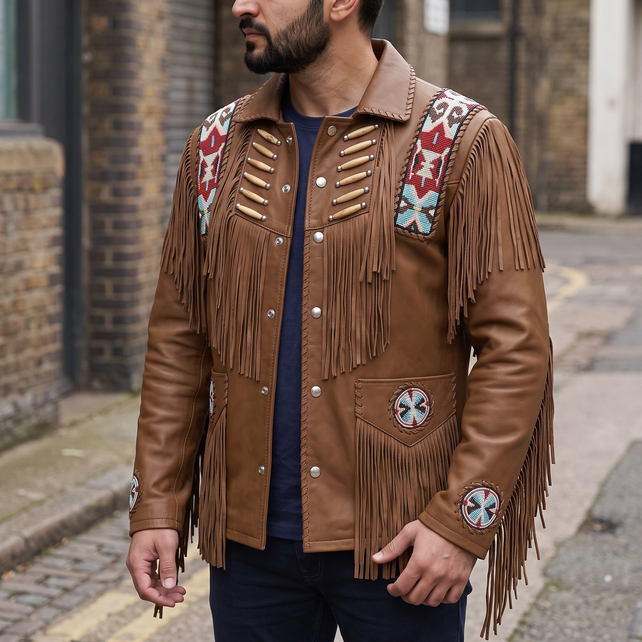 Men's Brown Fringed Leather Western Jacket — Hanford