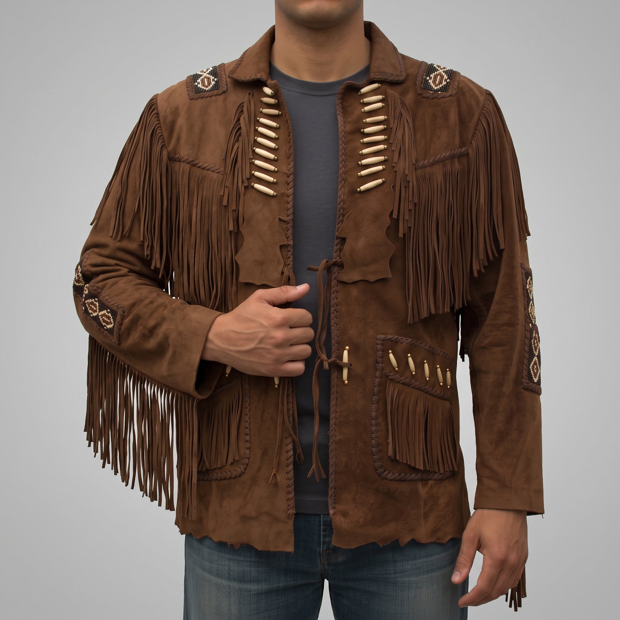 Men's Brown Fringed Suede Western Jacket — Calveley