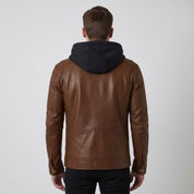 Men's Brown Hooded Leather Biker Jacket — Upton