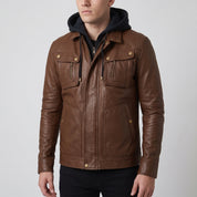 Men's Brown Hooded Leather Biker Jacket — Upton