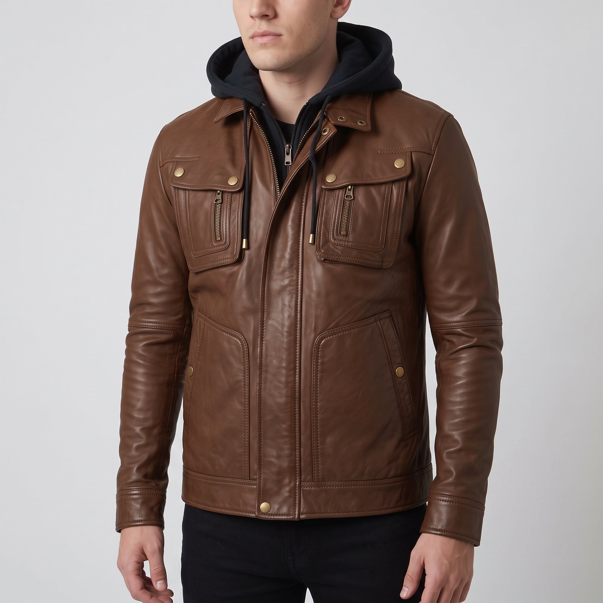 Men's Brown Hooded Leather Biker Jacket — Upton