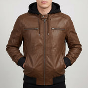 Men's Brown Hooded Leather Bomber Jacket — Farrow