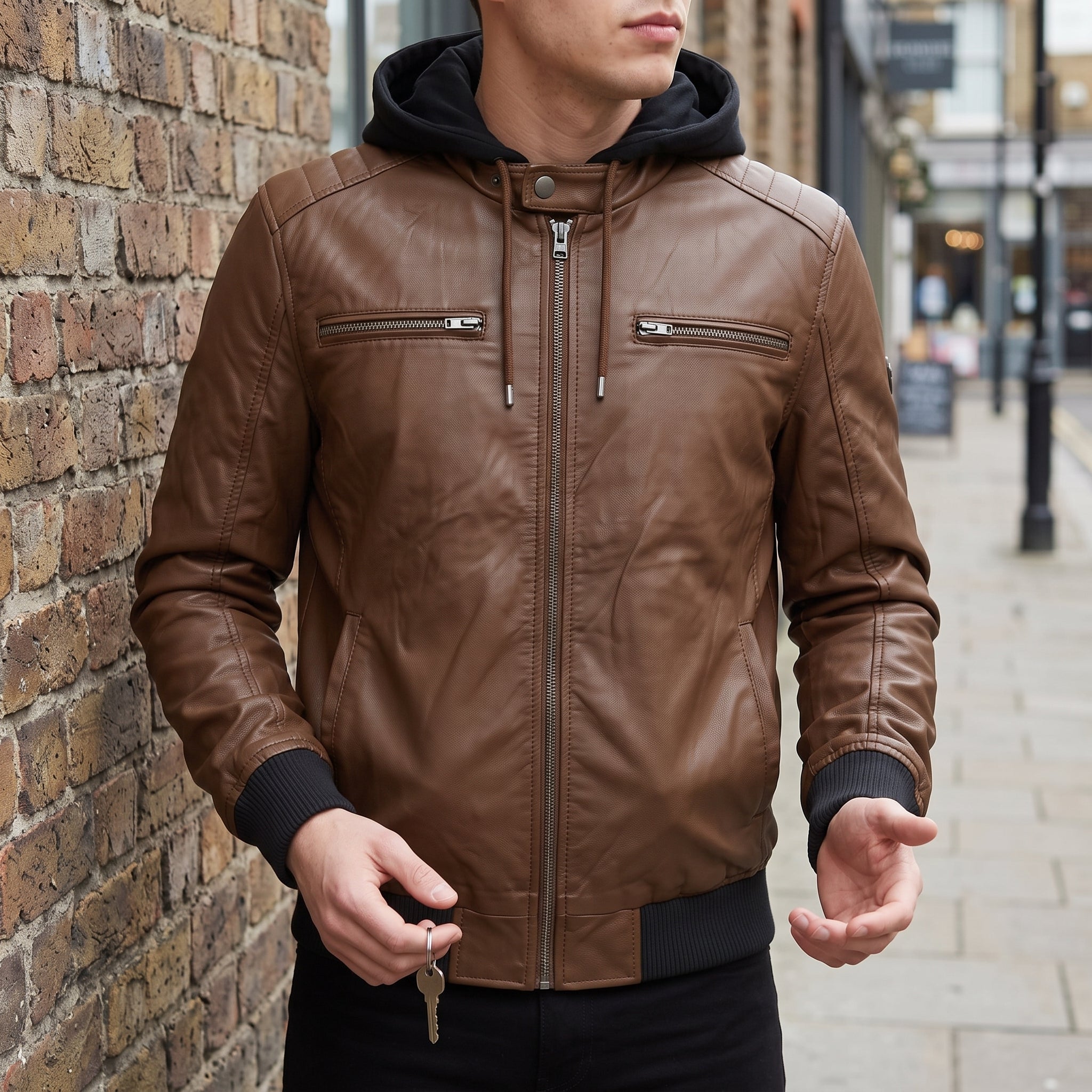 Men's Brown Hooded Leather Bomber Jacket — Farrow