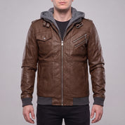 Men's Brown Hooded Leather Bomber Jacket — Walsh