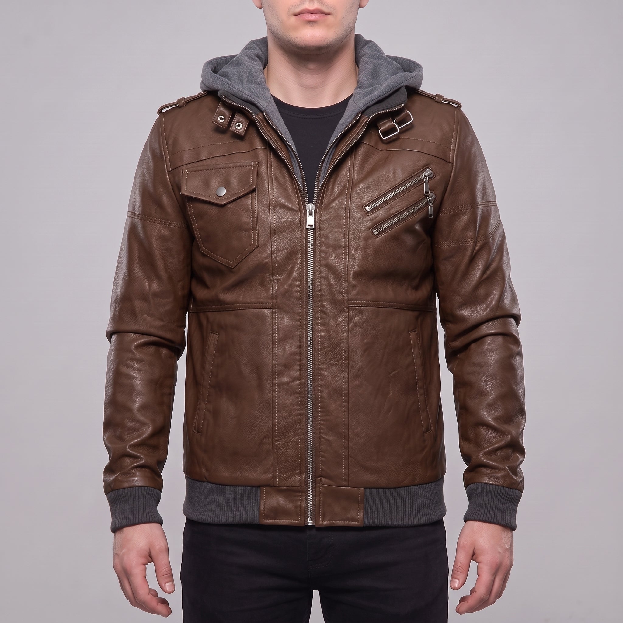 Men's Brown Hooded Leather Bomber Jacket — Walsh