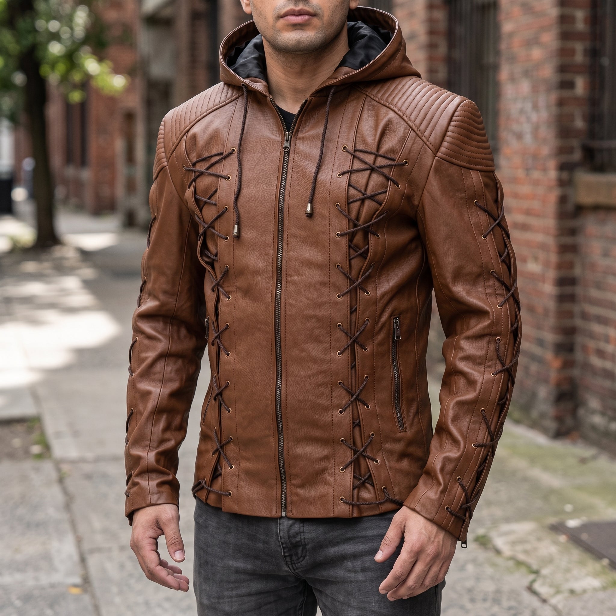 Men's Brown Hooded Leather Jacket — Bretherton