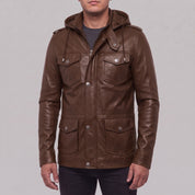 Men's Brown Hooded Leather M-65 Field Jacket — Cranshaw