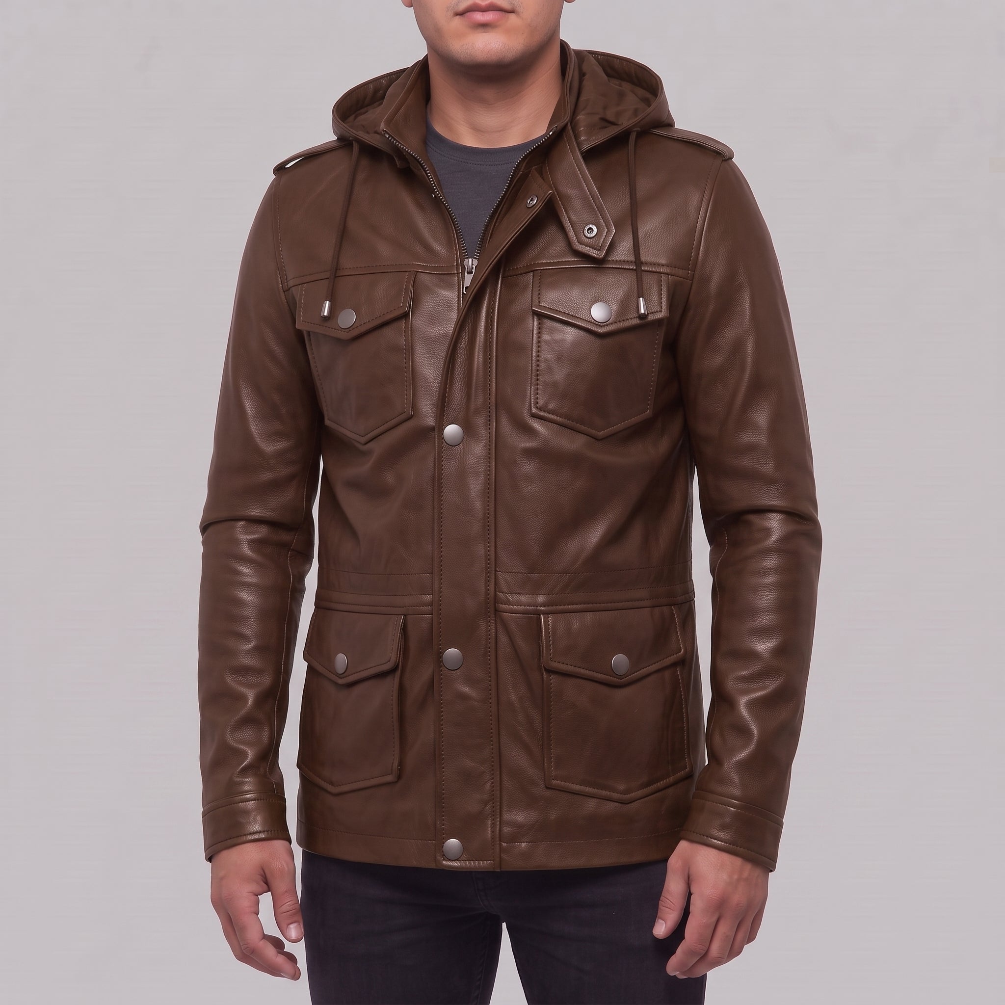 Men's Brown Hooded Leather M-65 Field Jacket — Cranshaw