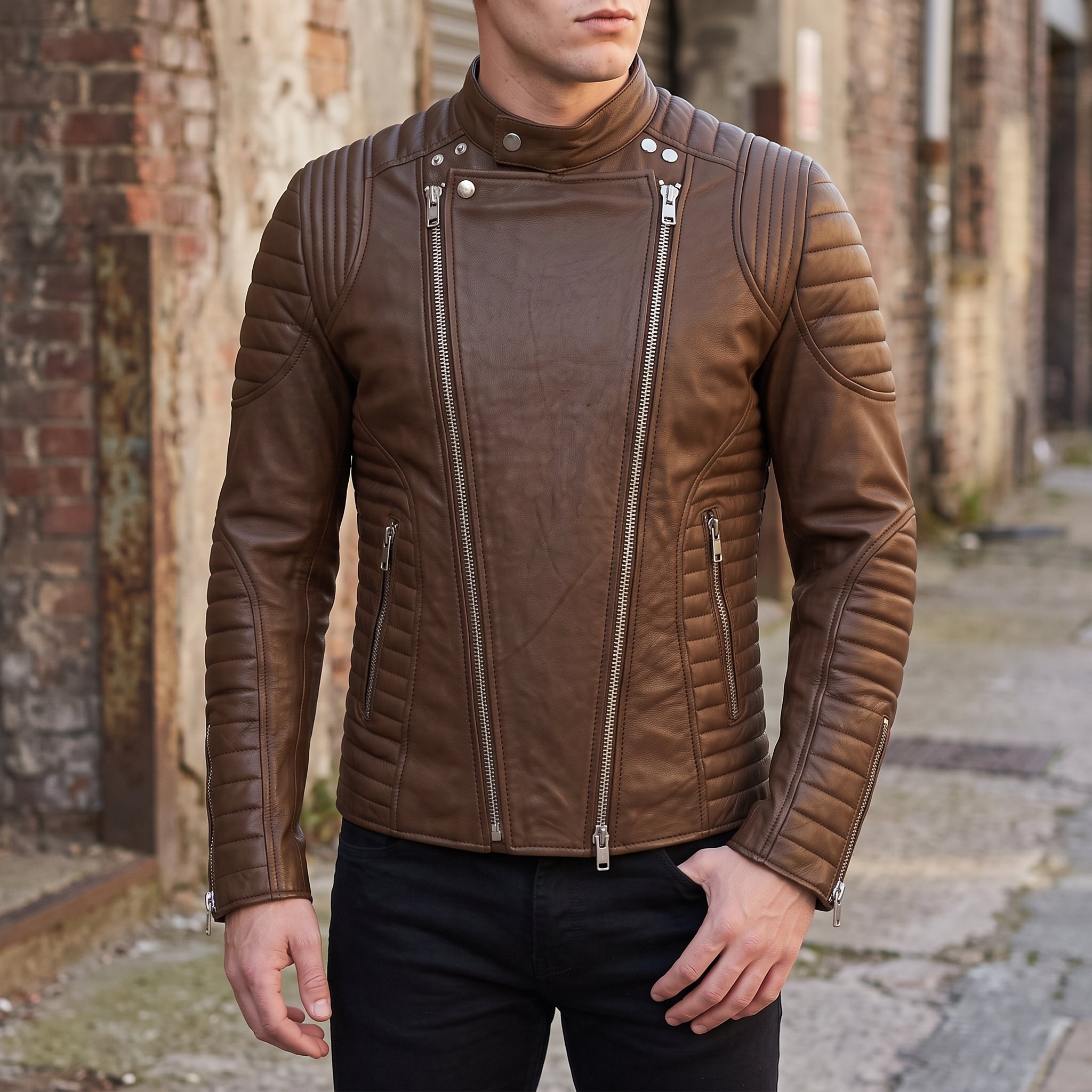 Men's Brown Leather Biker Jacket — Ampleforth