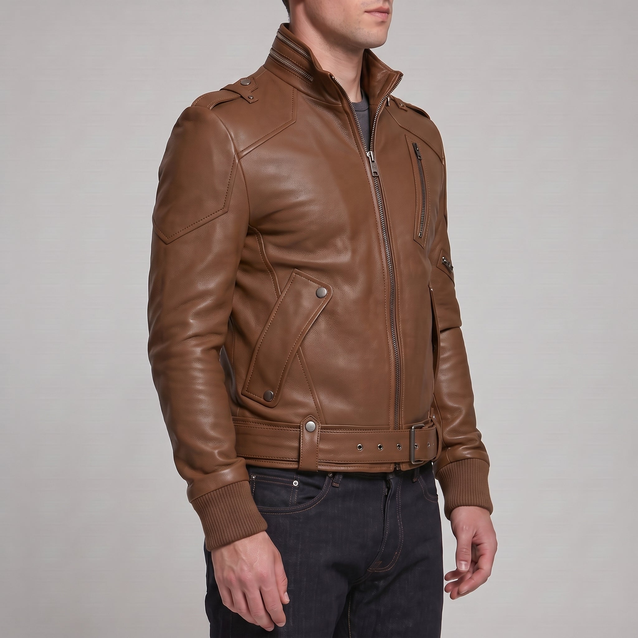 Men's Brown Leather Biker Jacket — Ayton