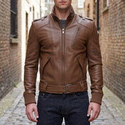Men's Brown Leather Biker Jacket — Ayton
