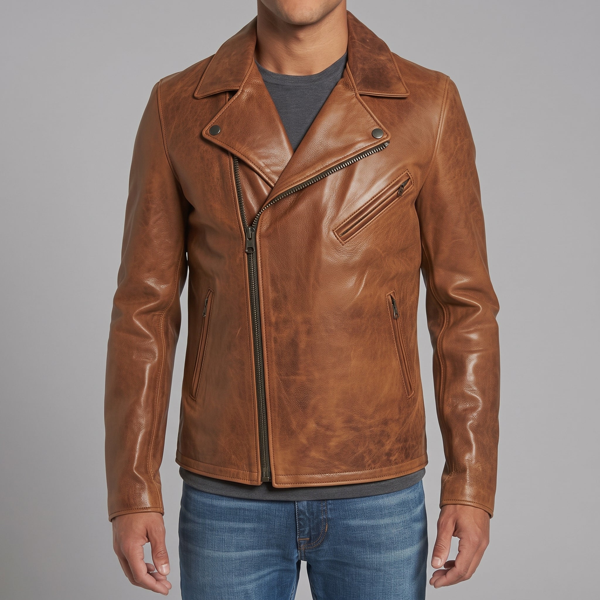 Men's Brown Leather Biker Jacket — Belmont