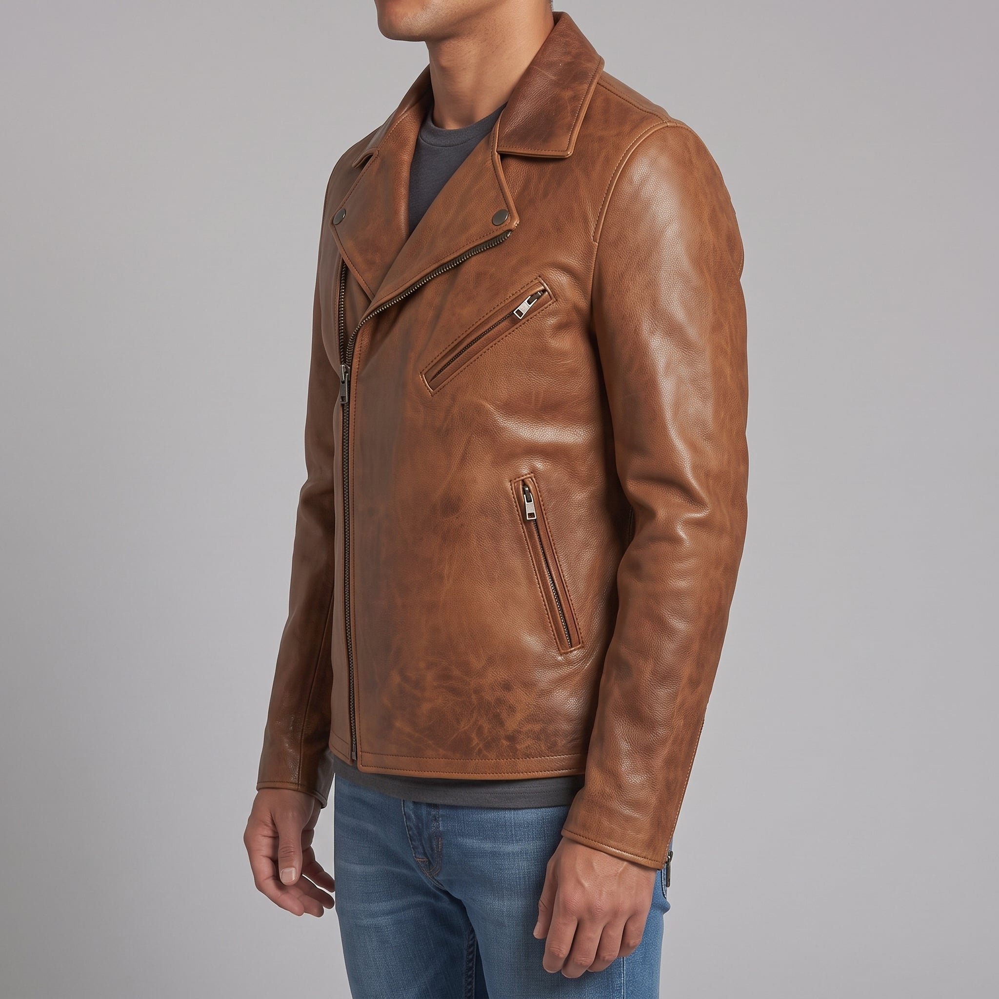 Men's Brown Leather Biker Jacket — Belmont