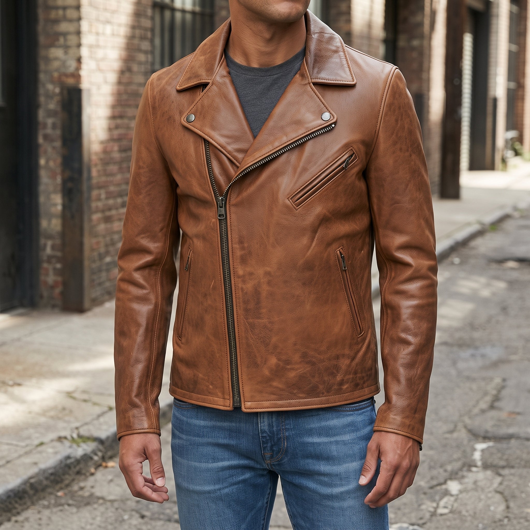 Men's Brown Leather Biker Jacket — Belmont