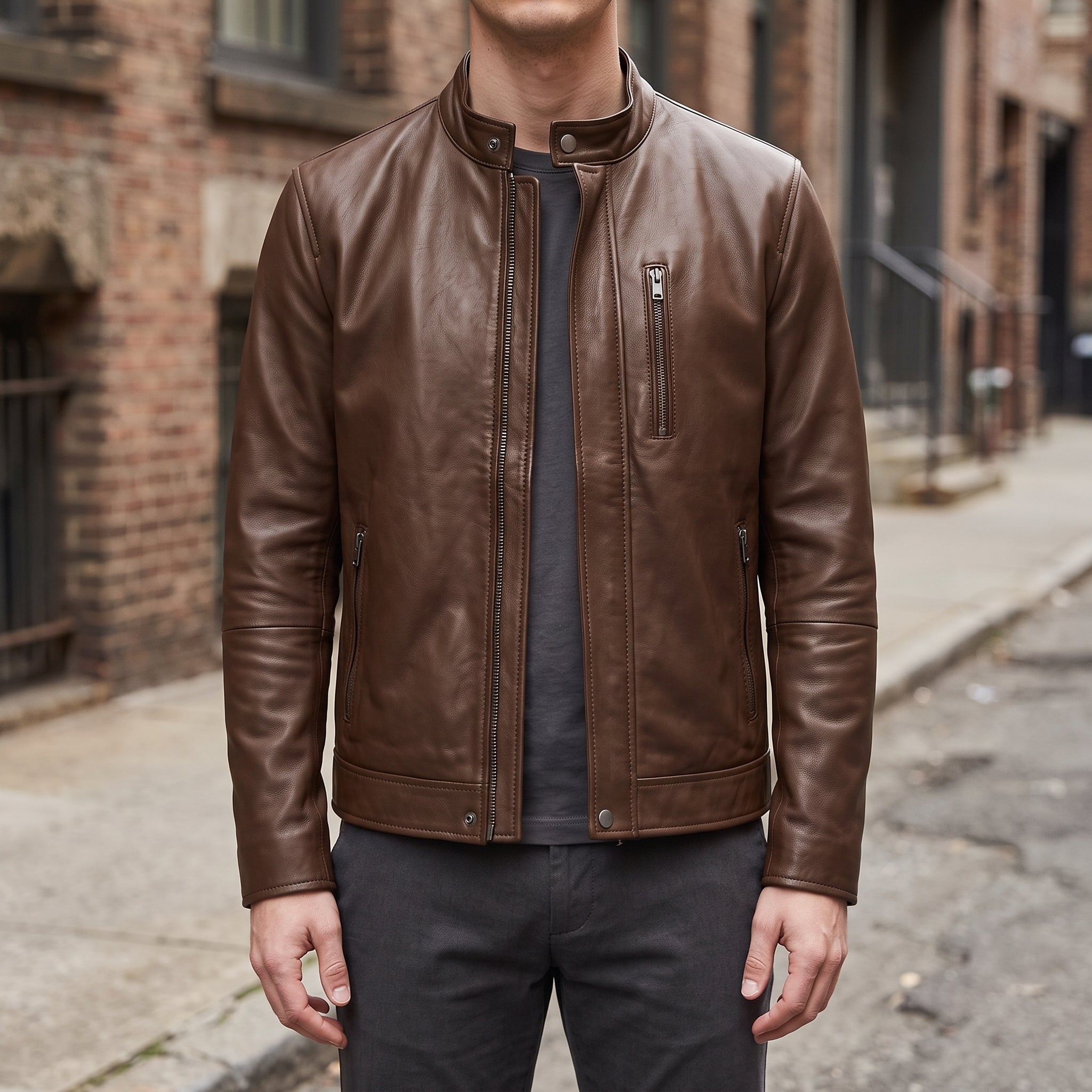 Men's Brown Leather Biker Jacket — Belstone