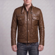Men's Brown Leather Biker Jacket — Benedict