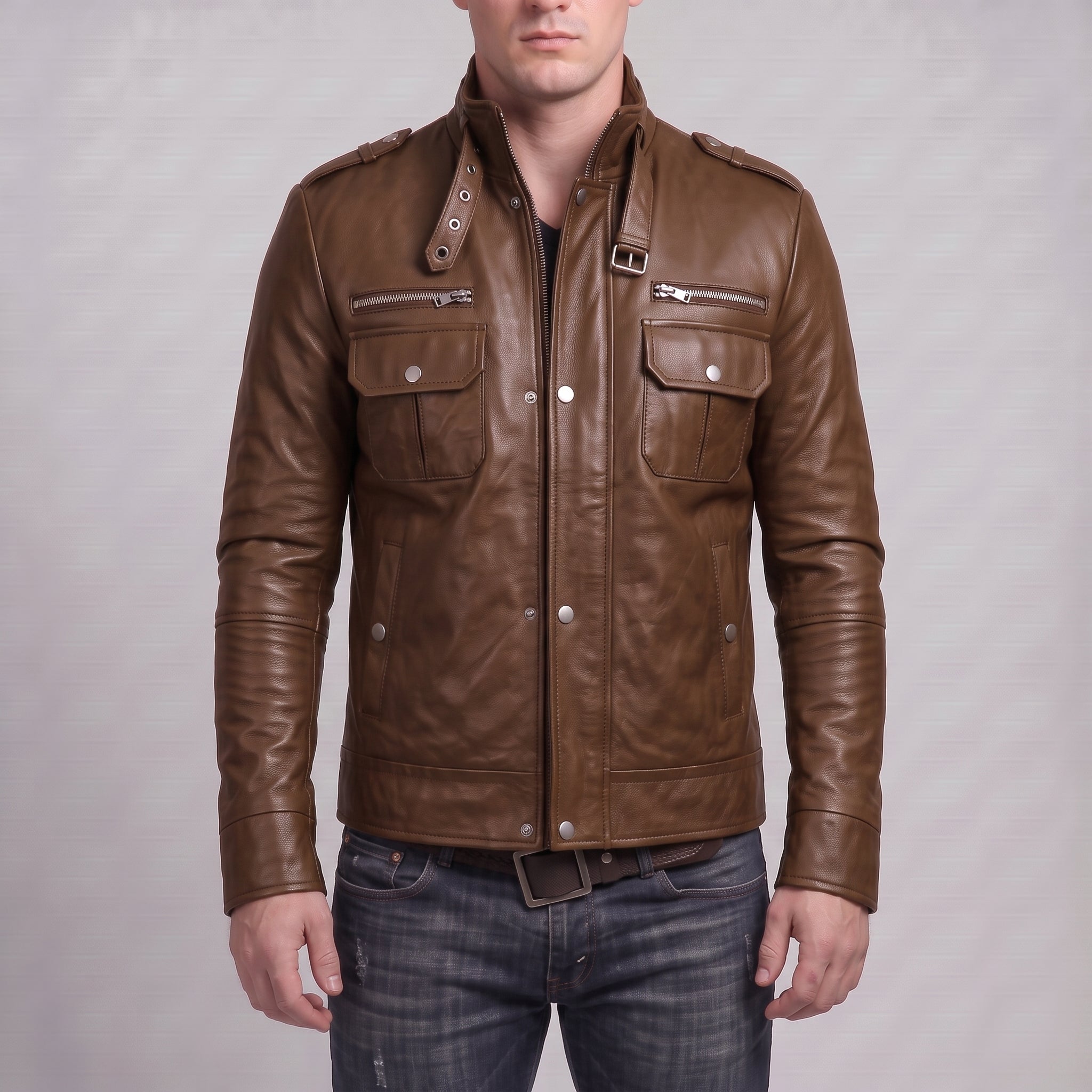 Men's Brown Leather Biker Jacket — Benedict