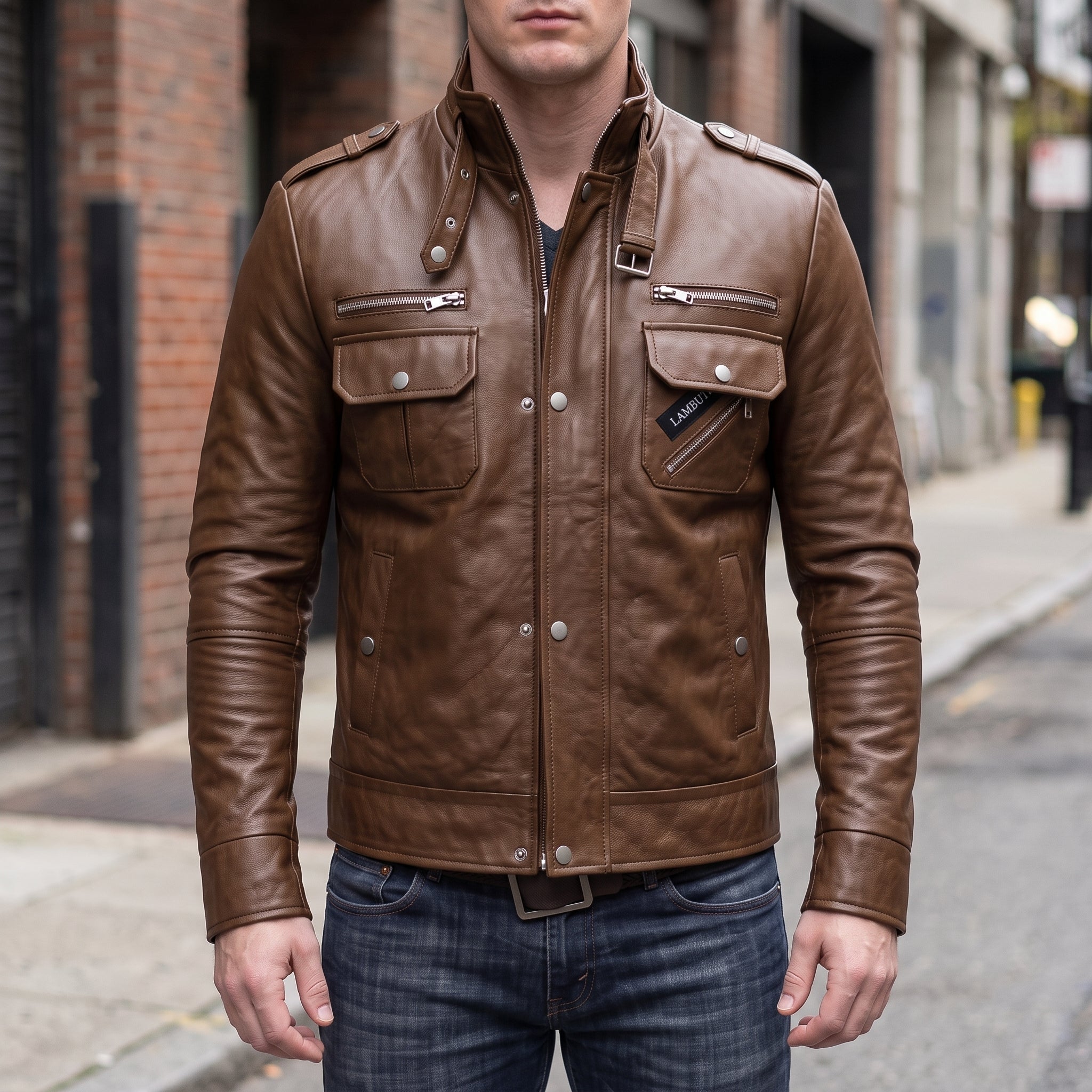Men's Brown Leather Biker Jacket — Benedict