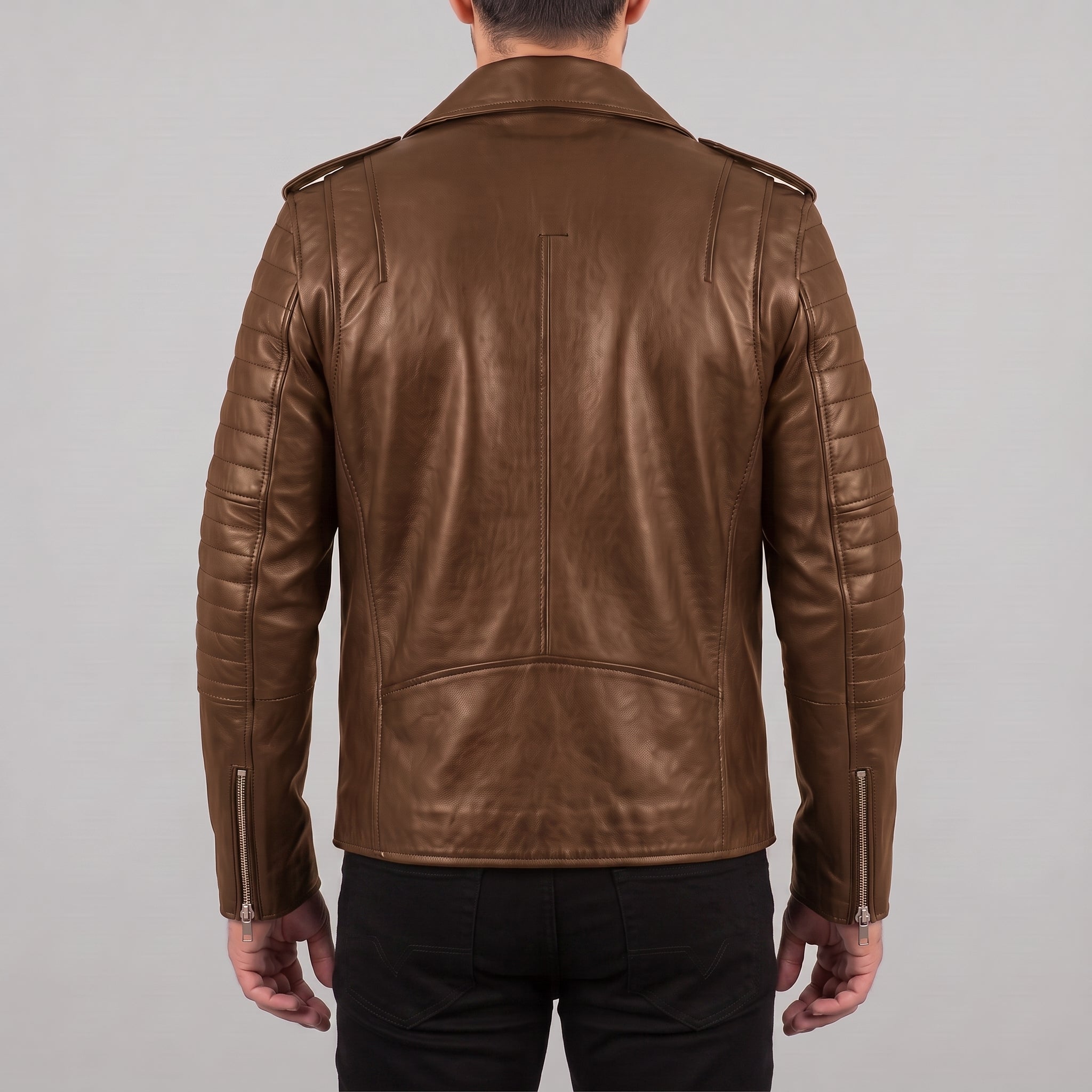 Men's Brown Leather Biker Jacket — Bridgend