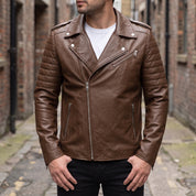 Men's Brown Leather Biker Jacket — Bridgend
