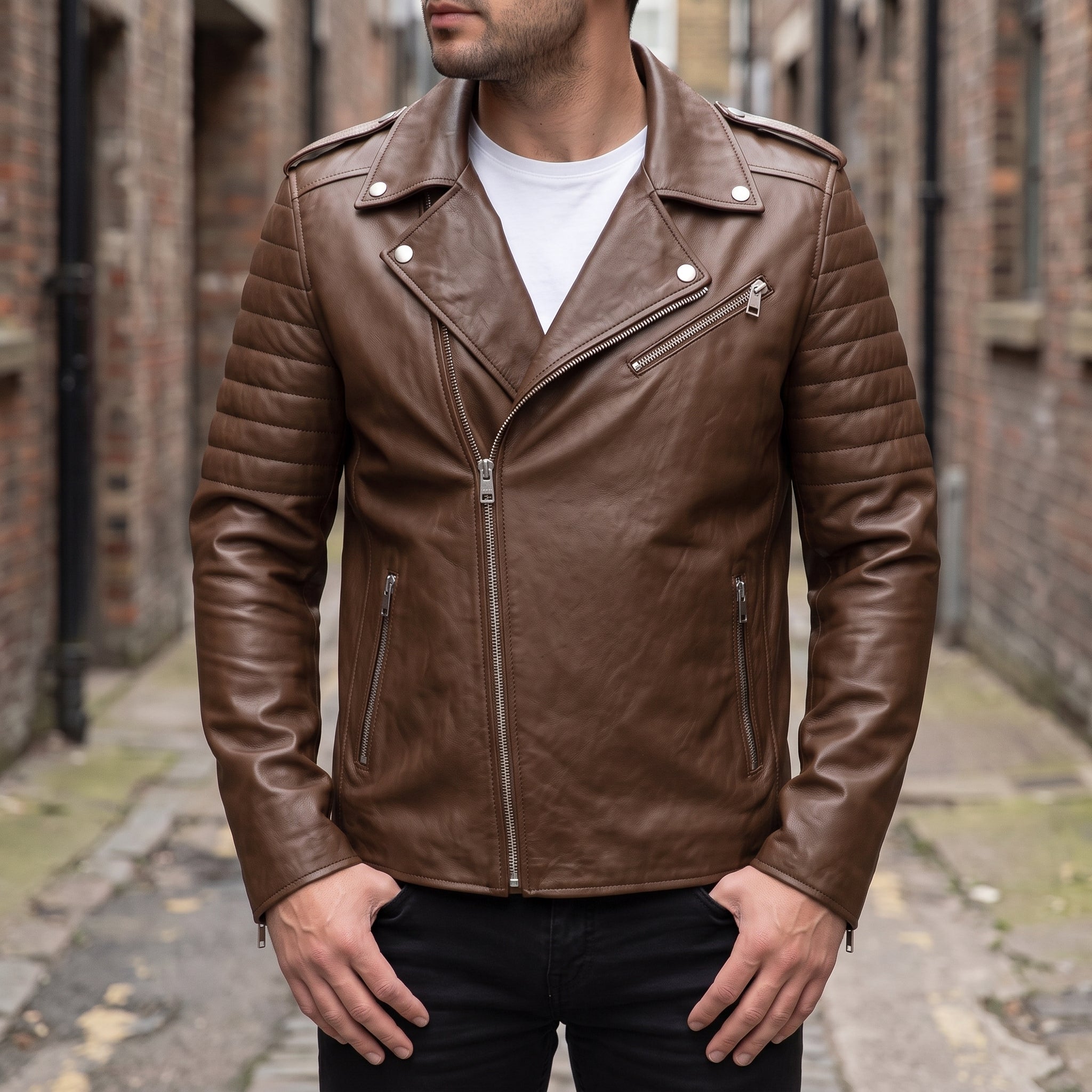 Men's Brown Leather Biker Jacket — Bridgend