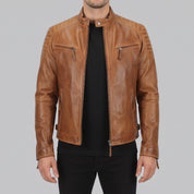 Men's Tan Quilted Leather Cafe Racer Jacket — Buxton