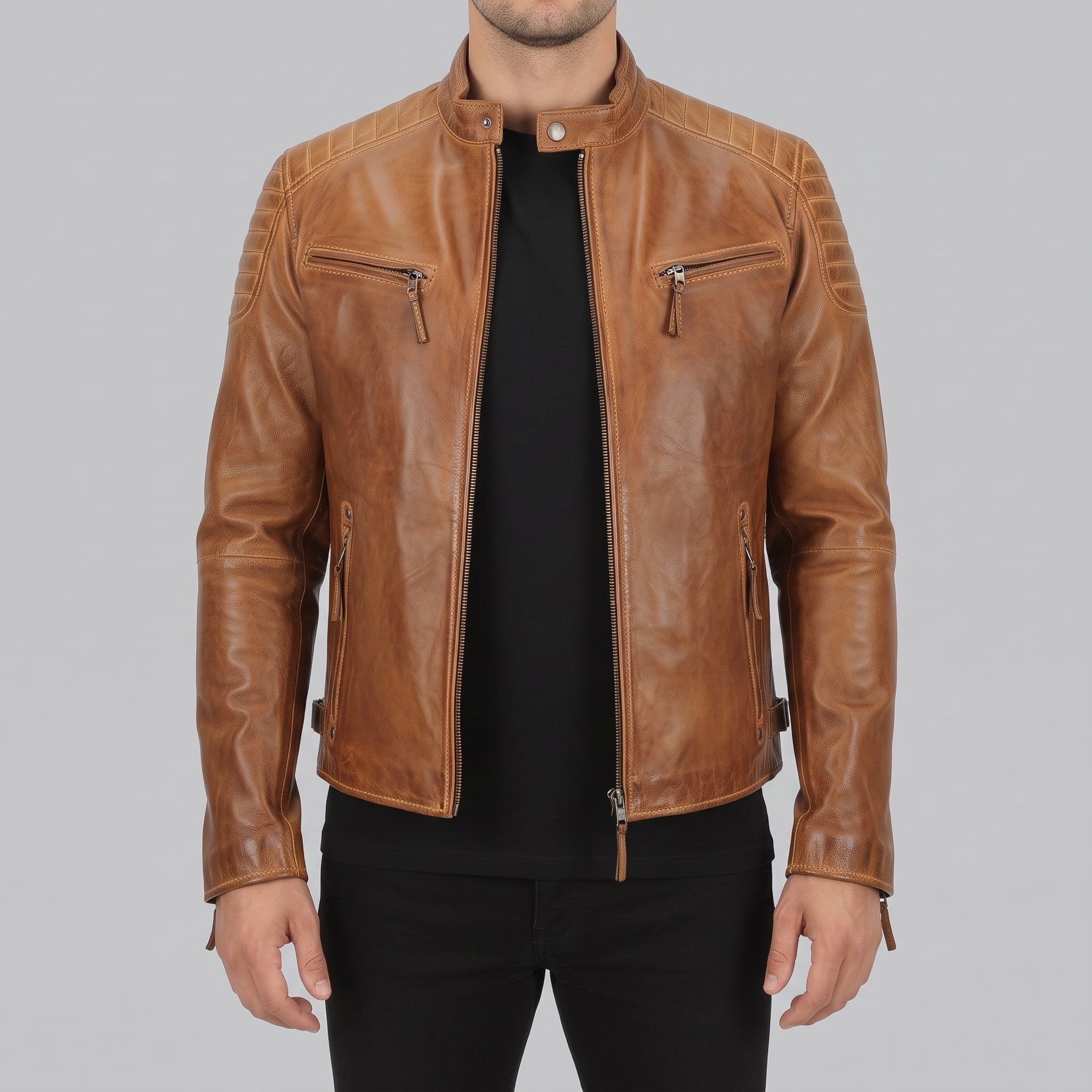 Men's Tan Quilted Leather Cafe Racer Jacket — Buxton
