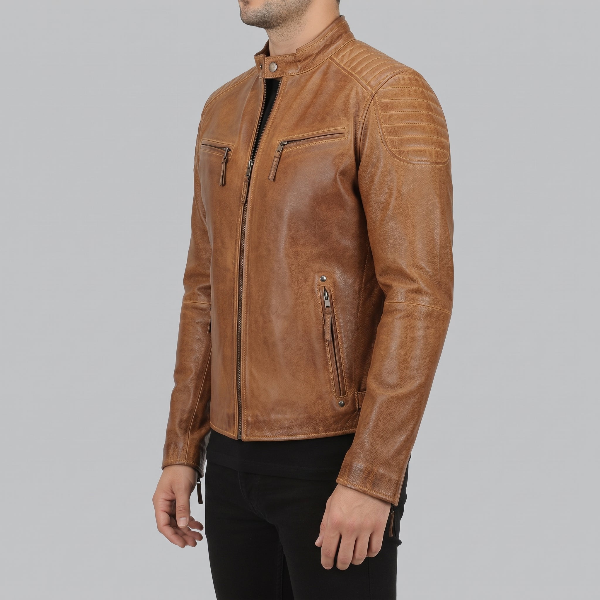 Men's Tan Quilted Leather Cafe Racer Jacket — Buxton