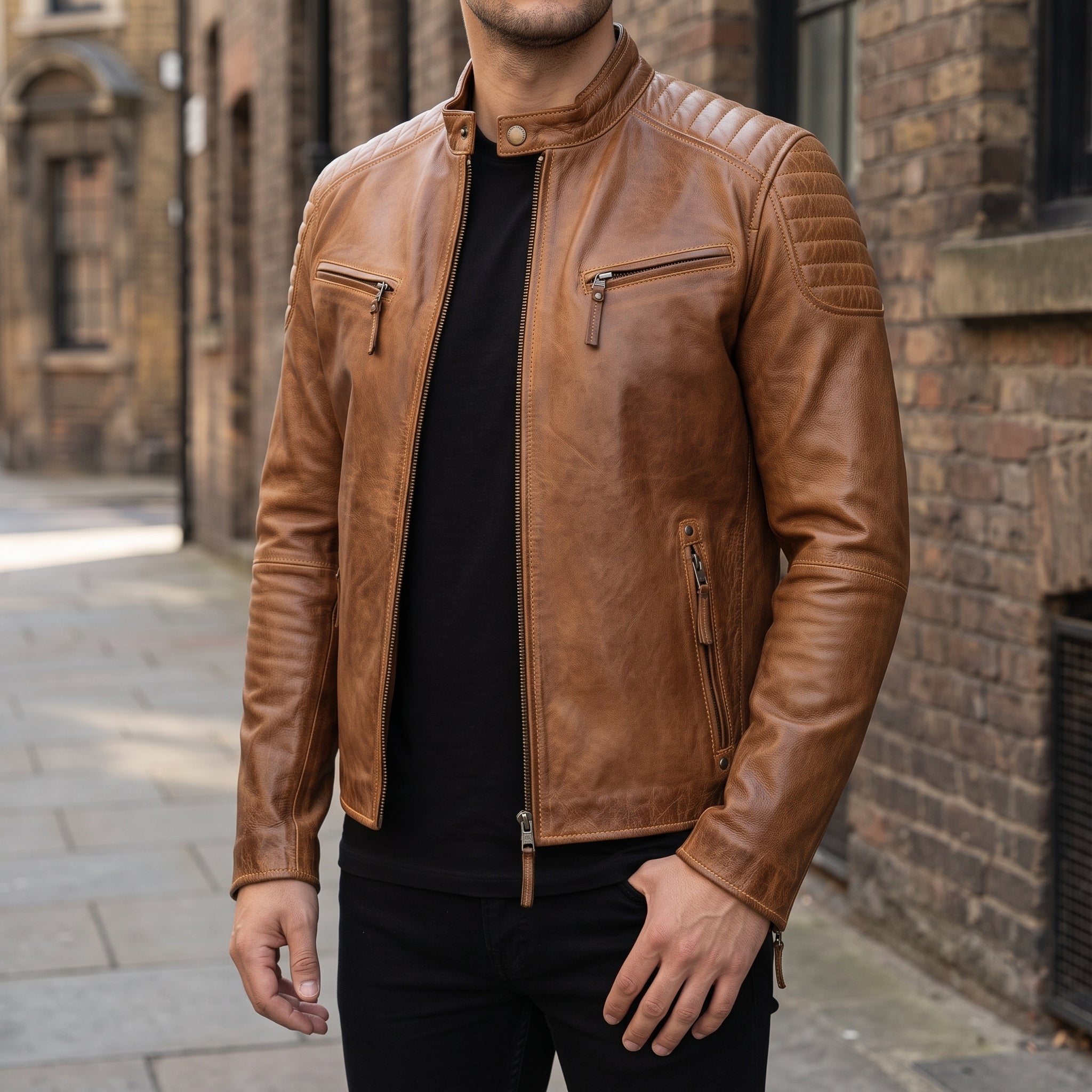 Men's Tan Quilted Leather Cafe Racer Jacket — Buxton