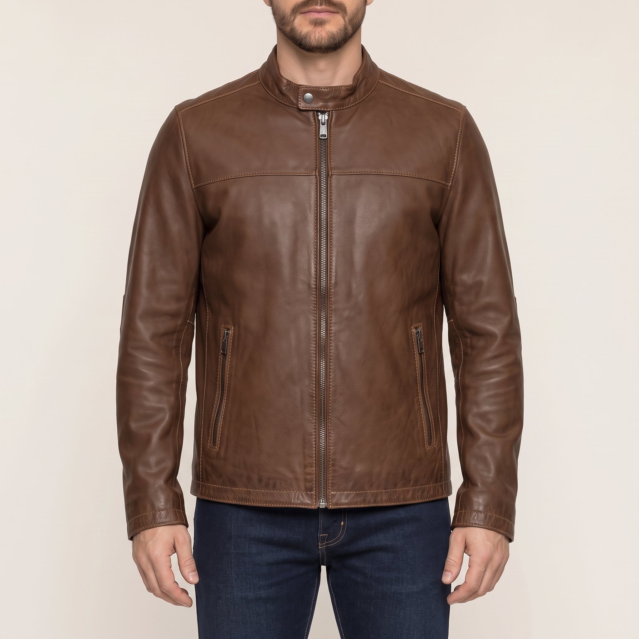Men's Brown Leather Biker Jacket — Chipley