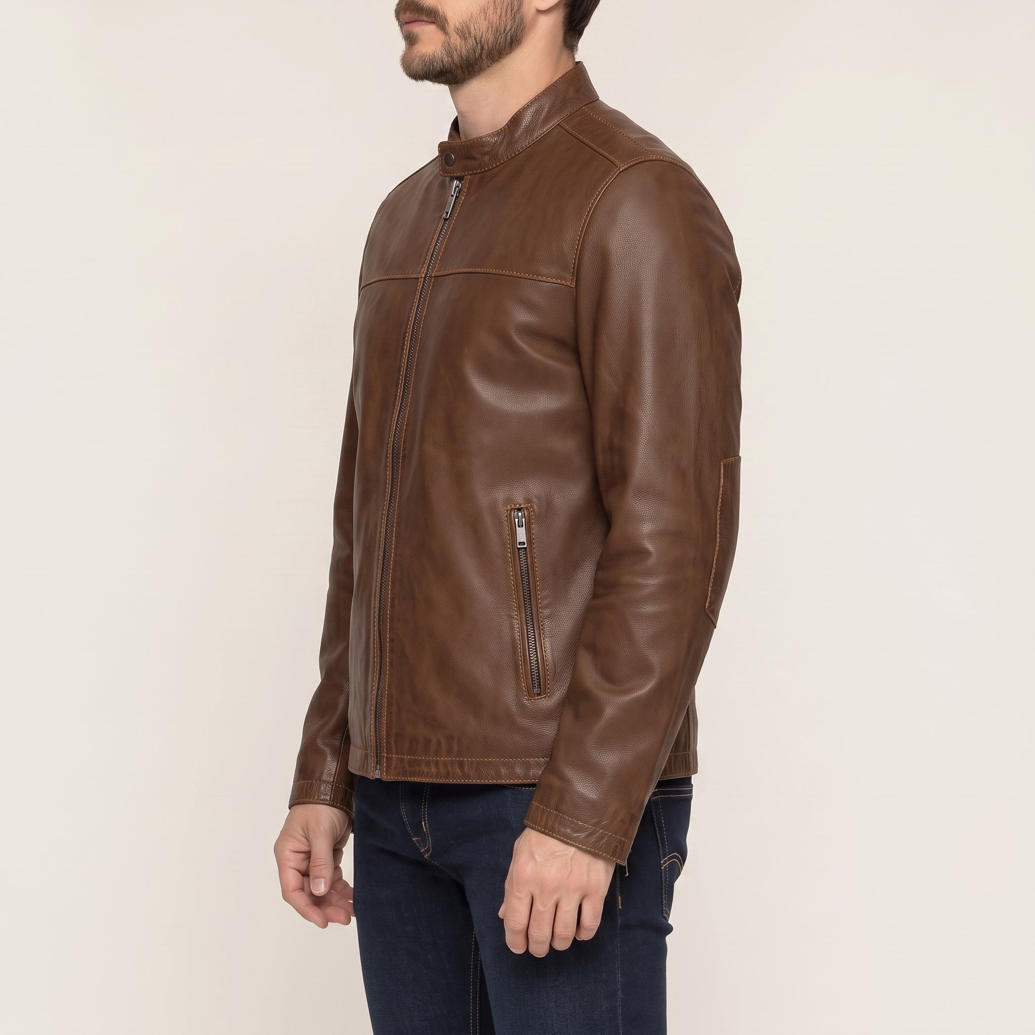 Men's Brown Leather Biker Jacket — Chipley