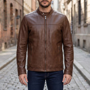 Men's Brown Leather Biker Jacket — Chipley