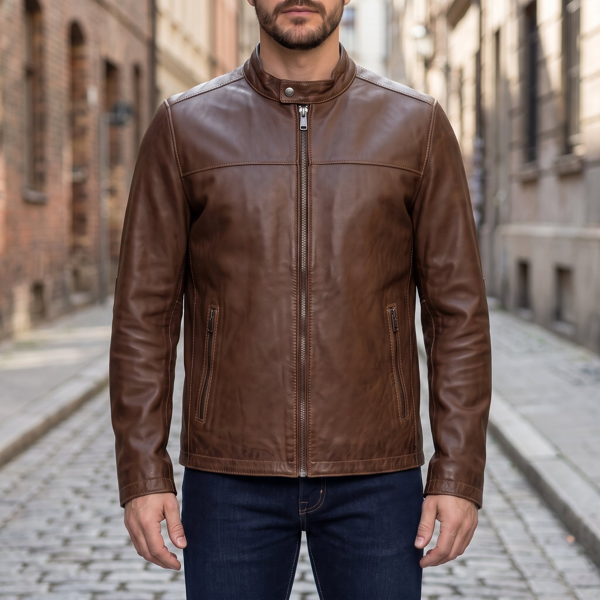 Men's Brown Leather Biker Jacket — Chipley