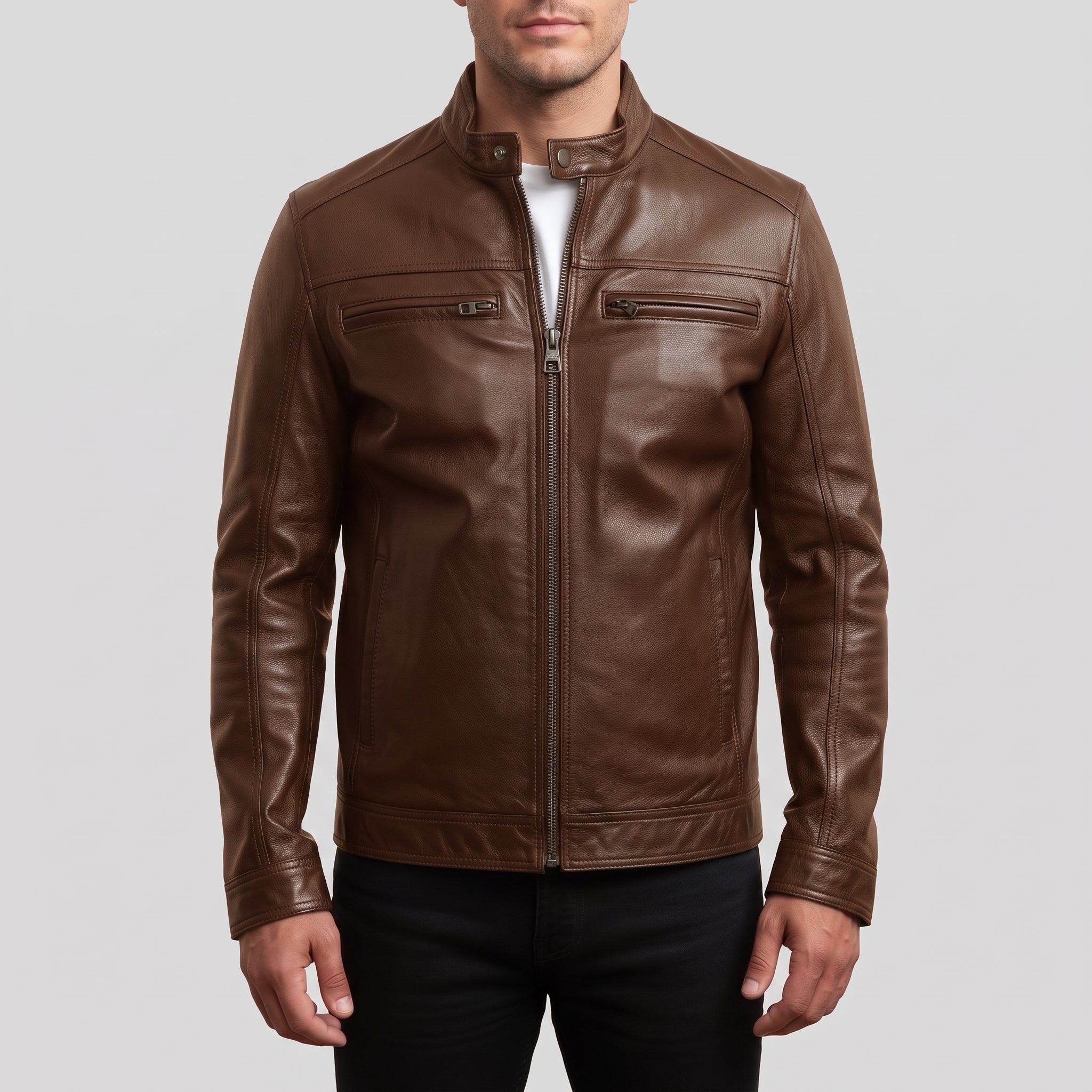 Men's Brown Leather Biker Jacket — Clavell