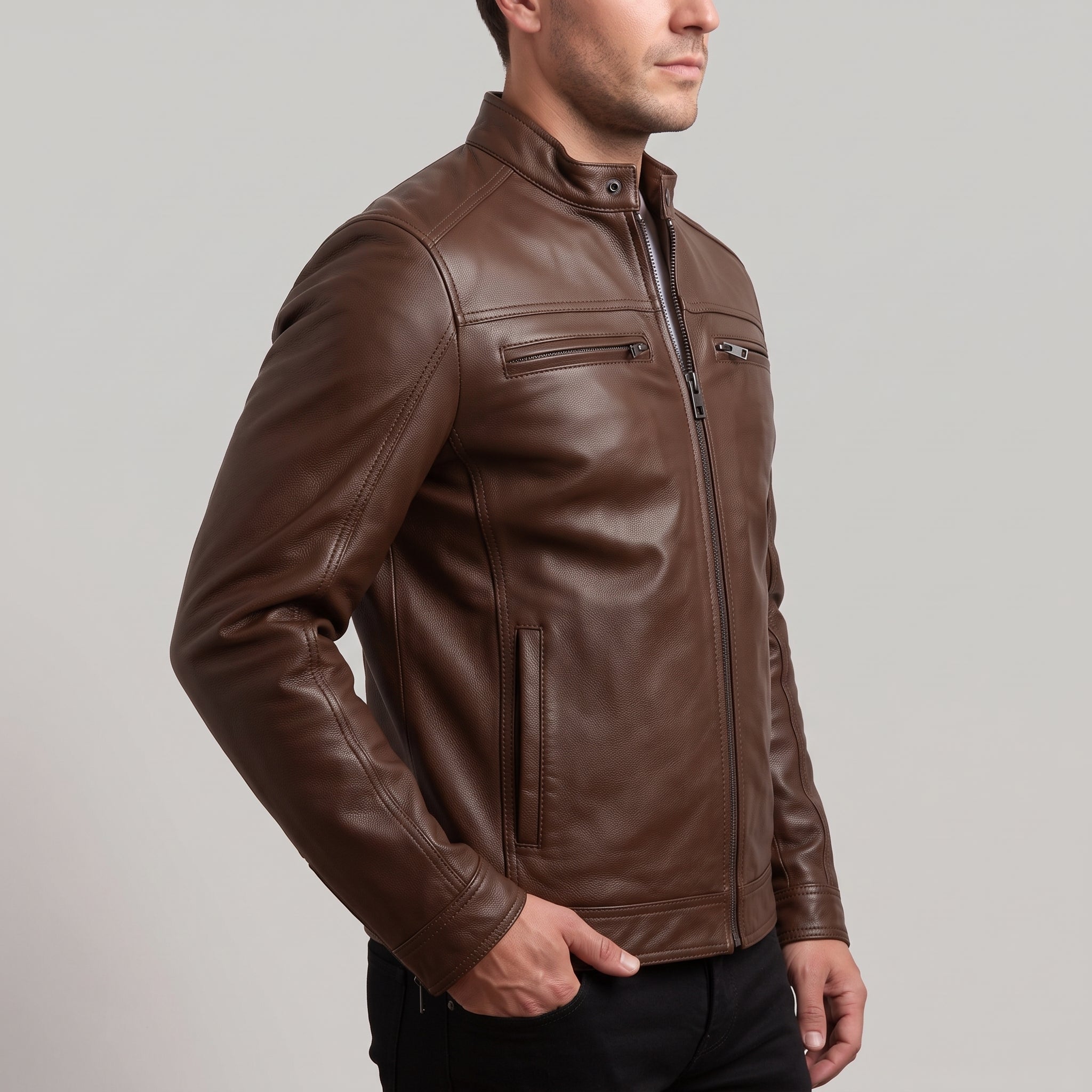 Men's Brown Leather Biker Jacket — Clavell