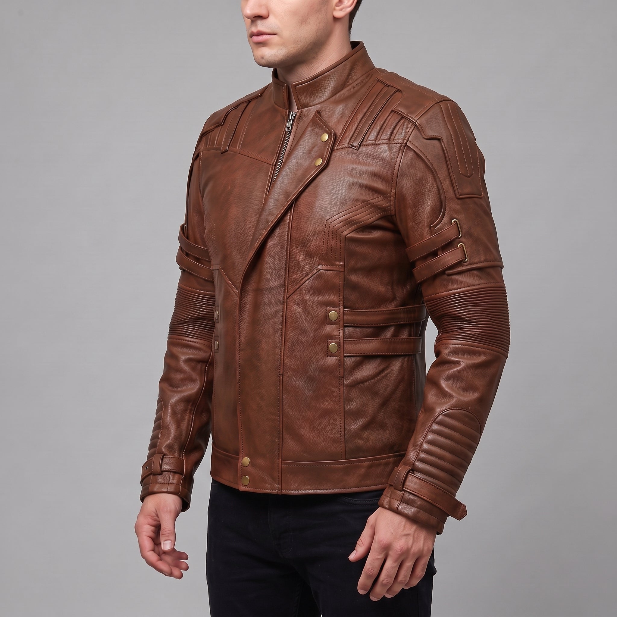 Men's Brown Leather Biker Jacket — Davenham
