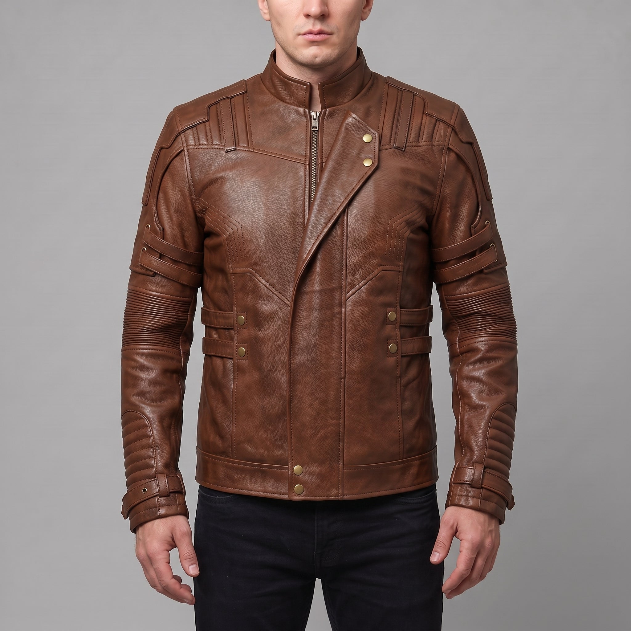 Men's Brown Leather Biker Jacket — Davenham