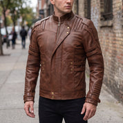 Men's Brown Leather Biker Jacket — Davenham