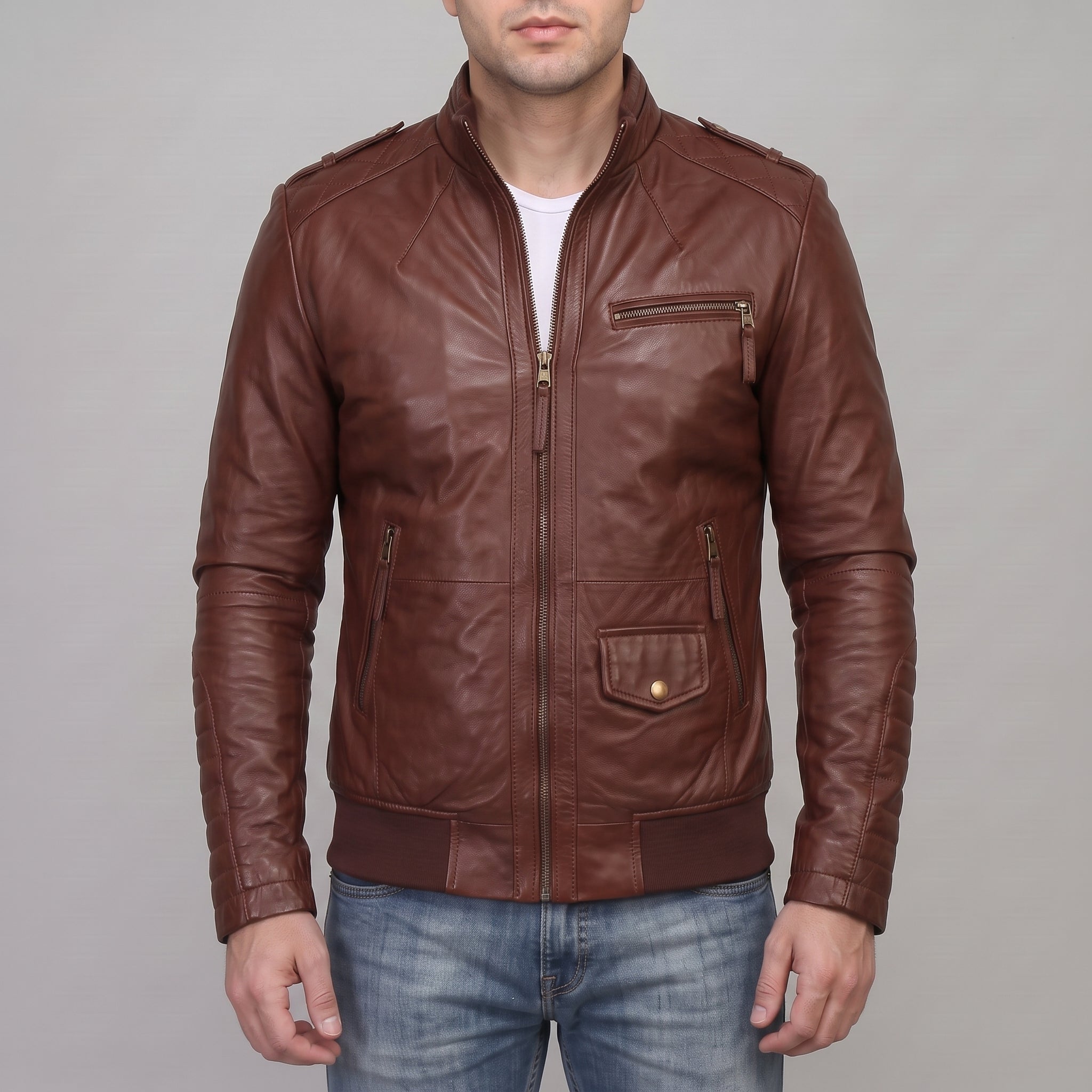 Men's Brown Leather Bomber Jacket — Dearden