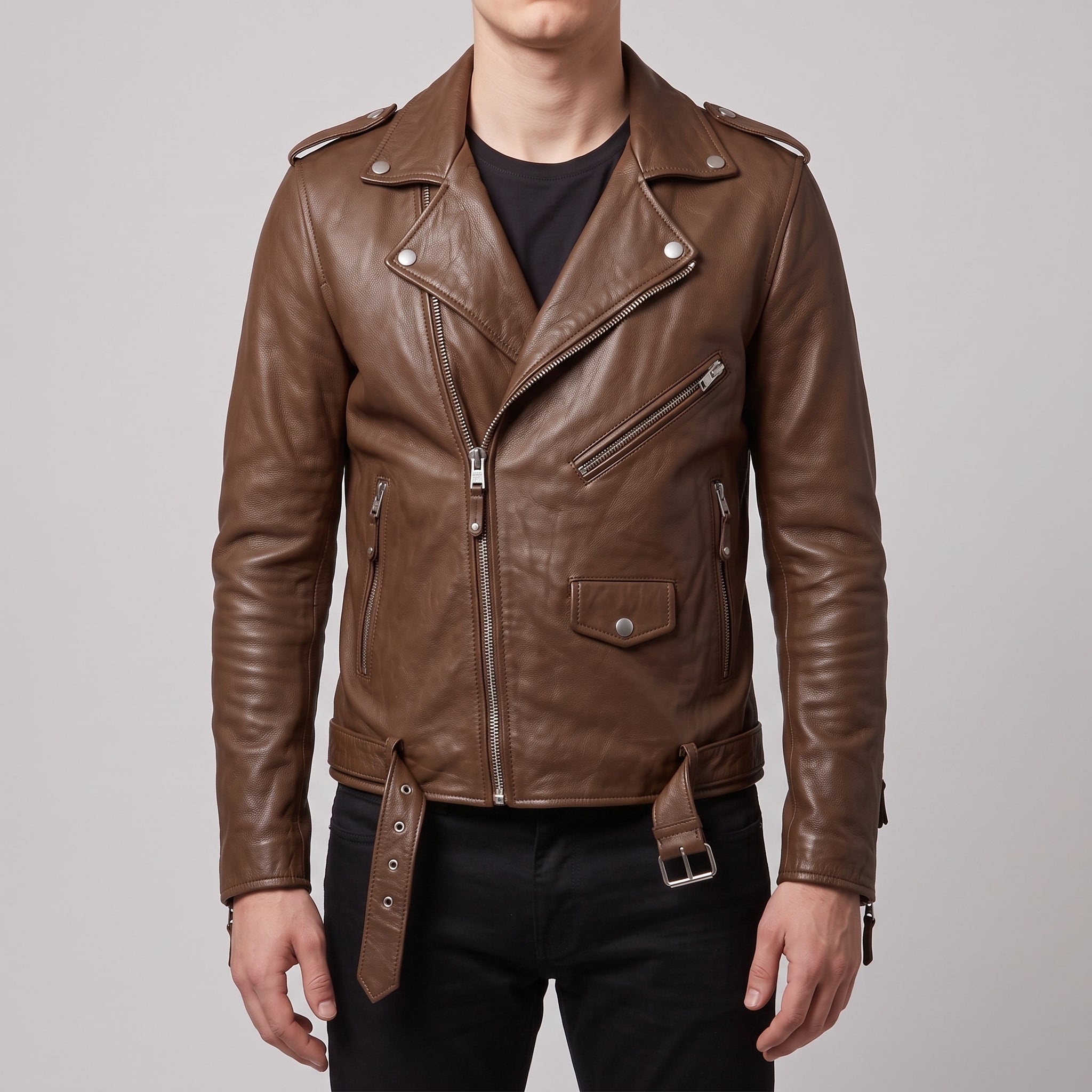 Men's Brown Leather Biker Jacket — Deaville
