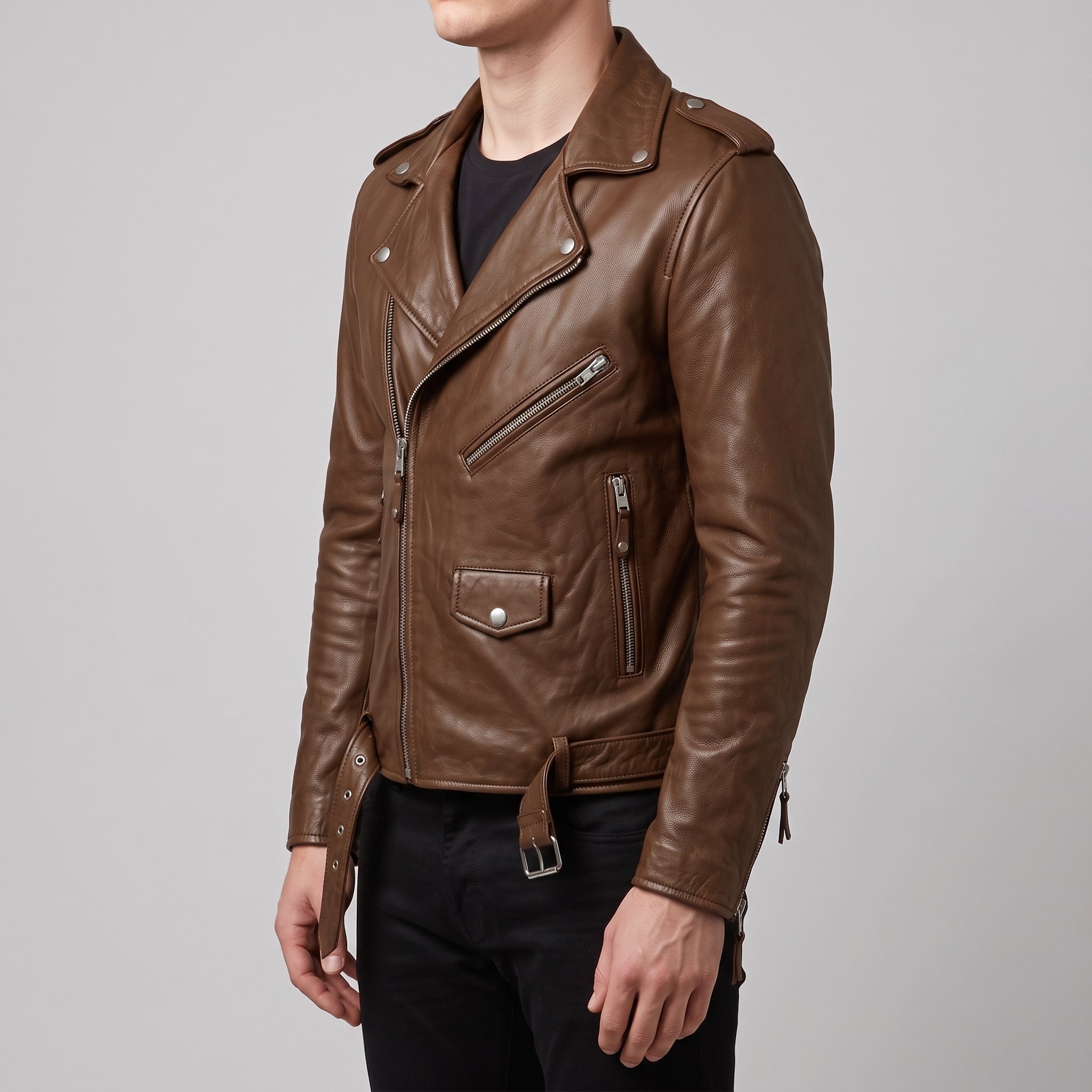 Men's Brown Leather Biker Jacket — Deaville
