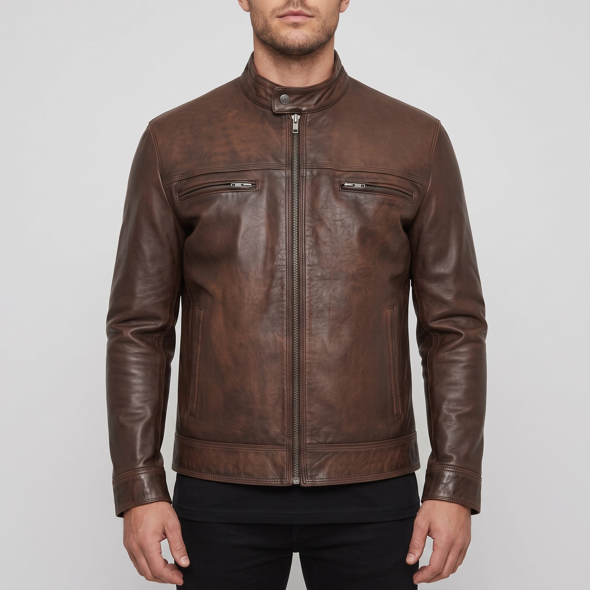 Men's Brown Leather Biker Jacket — Framingham