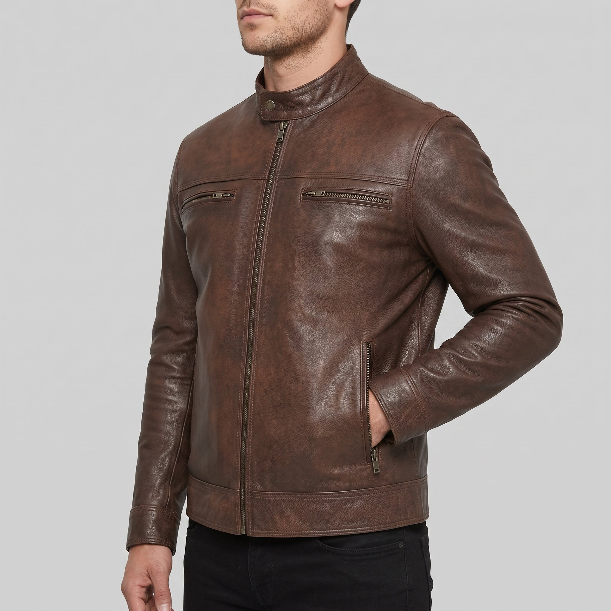 Men's Brown Leather Biker Jacket — Framingham